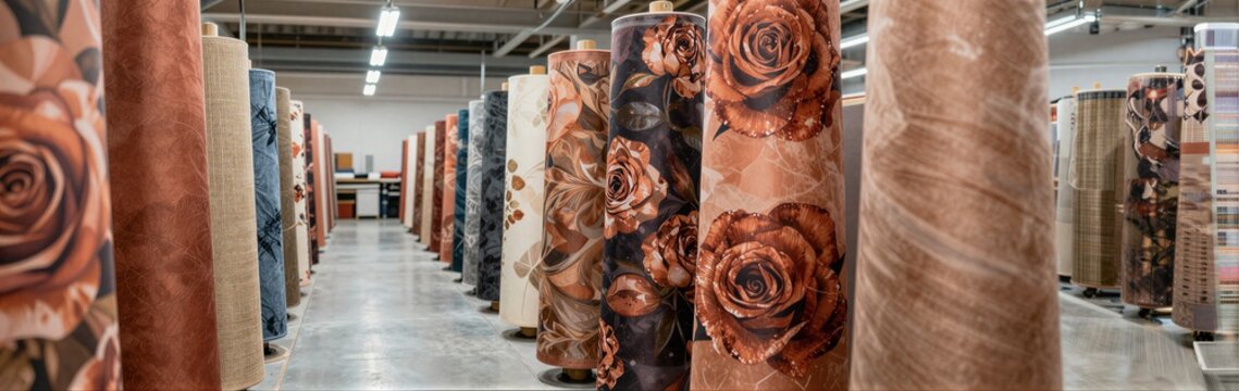 Carpet rolls lined in warehouse aisle with floral patterns