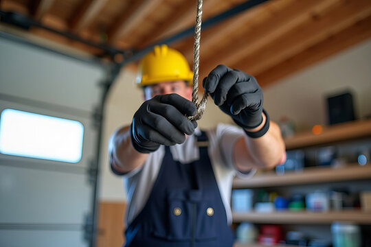 Detailed close-up of a technician inspecting a frayed lifting cable on a malfunctioning garage door, emphasizing the worn metal strands and the critical need for repair.