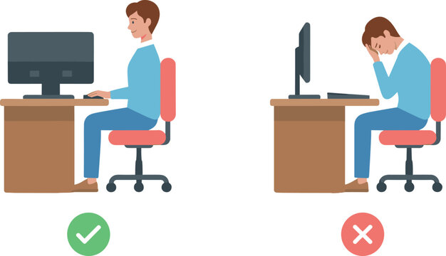 Ergonomic sitting posture guide showing correct vs incorrect office desk positions with computer flat vector illustration isolated on white