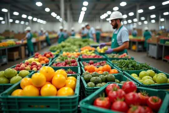 Wide-Angle View of the Receiving Area Featuring Workers Examining Colorful Crates of Fresh Produce