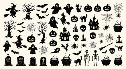 Fototapeta premium Halloween silhouette set with witches, ghosts, pumpkins, and spooky