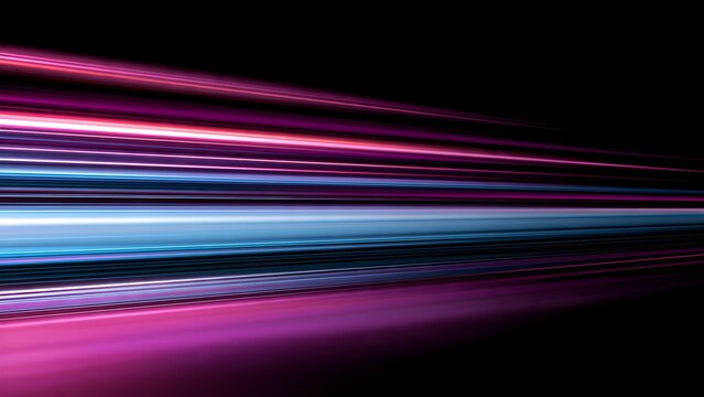 Dynamic streaks of vibrant purple and electric blue light blur into a luminous horizon against a deep dark expanse conveying a sense of rapid movement and energetic speed across the nocturnal
