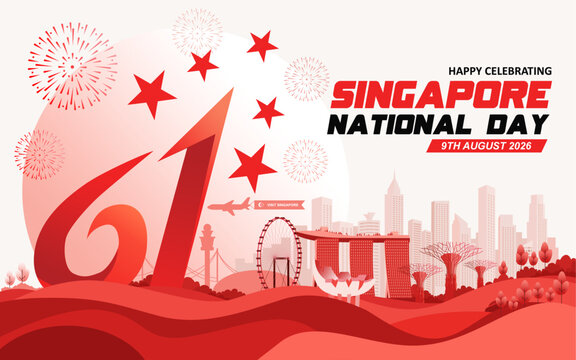 Modern 61st Singapore National Day 2026 Vector Illustration Banner with Iconic Skyline and Dynamic 61st Symbol. Best for Coorporate Greeting, Social Media, and Campaigns. 
