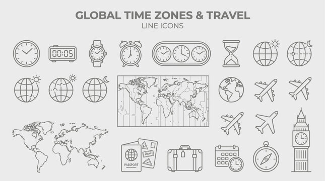 Comprehensive collection of global time zone symbols and travel icons featuring analog clocks, hourglasses, international map silhouettes, and chronometers for navigation and logistics.