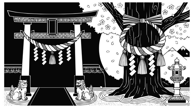 Japan - Traditional Japanese Shinto Shrine featuring a Grand Torii Gate, Komainu Guardian Lions, and Shimenawa Sacred Ropes under Blooming Cherry