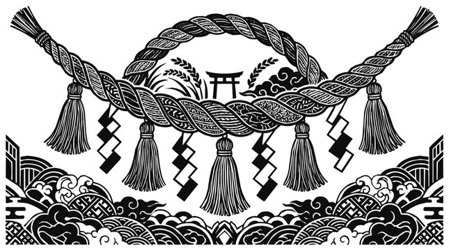 Traditional Japanese Shinto Shimenawa sacred rope with tassels and Torii gate silhouette representing ancient tradition and symbolic oriental waves