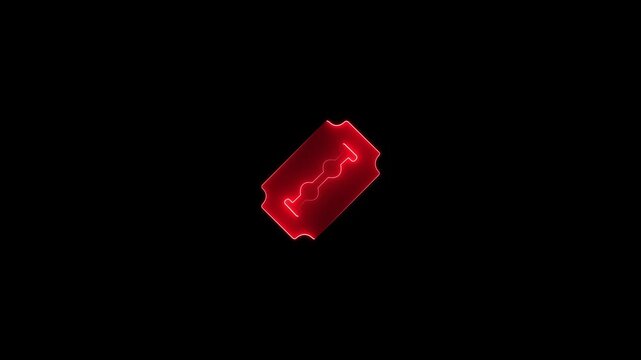 Neon Outline of a Razor Blade on Black Background sharp. Glowing neon line razor icon isolated on black background. 4K Video motion graphic animation. Video footage of glowing Razor icon animation.