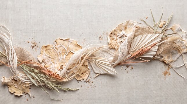 Organic mycelium and raffia textures arranged with dried botanicals.