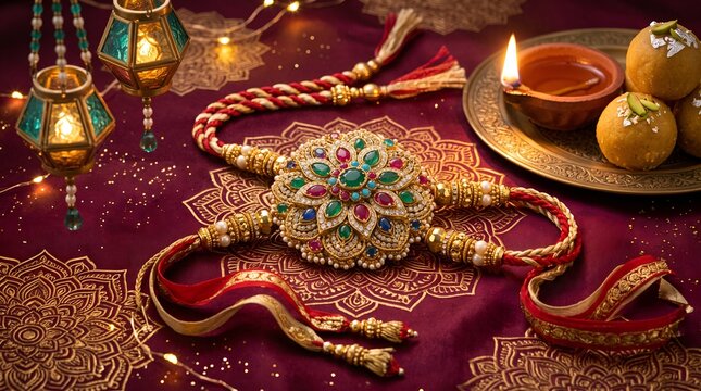 Traditional Raksha Bandhan rakhi with festive sweets and lantern decor celebrating sibling love and blessings