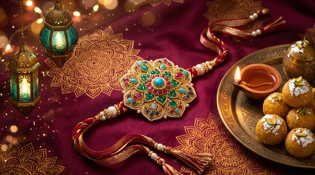 Traditional Raksha Bandhan rakhi with festive sweets and lantern decor celebrating sibling love and blessings