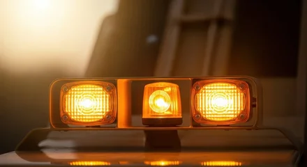 Close up of flashing amber warning lights on a construction vehicle or emergency vehicle. © Wong