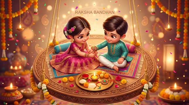 Cute Cartoon Children Celebrating Raksha Bandhan 2026 Festival