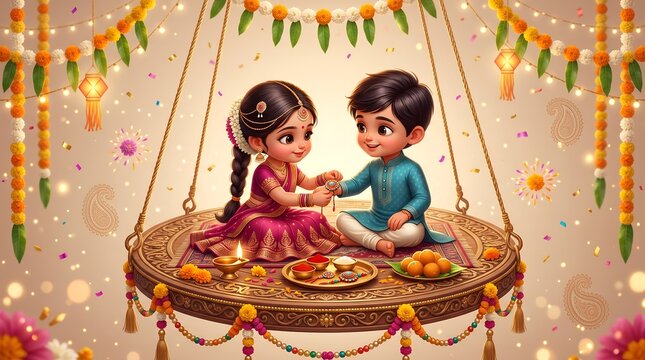 Cute Cartoon Children Celebrating Raksha Bandhan 2026 Festival