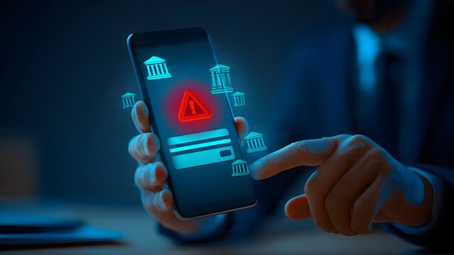 Person viewing financial alert on smart device displaying banking symbols and caution sign signifying monetary problem or threat digital security breach impacting personal accounts and data