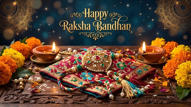 Traditional Rakhi with Glowing Diyas on Elegant Green Background for Raksha Bandhan Festival Greeting Banner