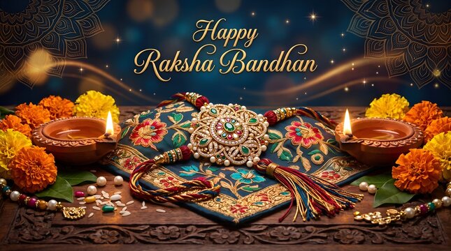 Traditional Rakhi with Glowing Diyas on Elegant Green Background for Raksha Bandhan Festival Greeting Banner