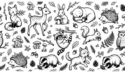 Fototapeta premium Cute Seamless Wild Animals Line Art Pattern in Dark Monochrome Sketch Style Vector Background