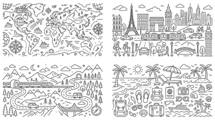 Obraz premium hand-drawn travel and tourism icon set with landmarks transport and vacation activities vector illustration