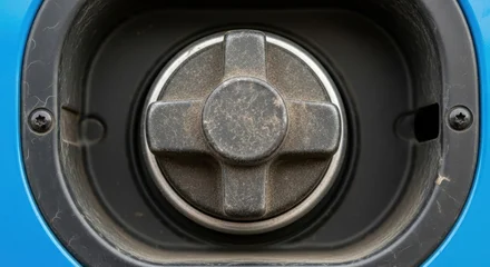 Close-up macro photograph of a dusty, metallic truck fuel cap with intricate details. © Wong