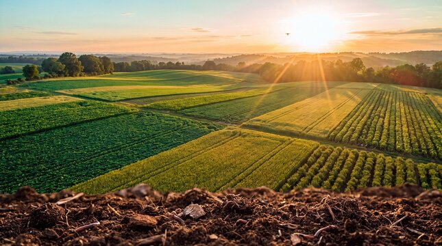 Aerial view over regenerating crops and rolling farm hills at golden hour.