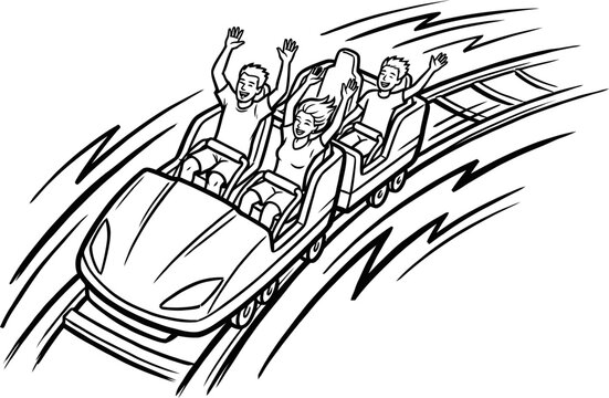 Excited people riding a roller coaster with arms raised in exhilaration.