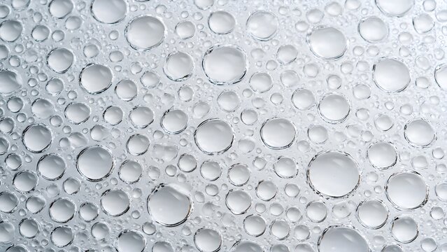 Abstract surface covered with numerous spherical water droplets forming a textured pattern of clear liquid condensation on a metallic or glass plane reflecting light creating a visually