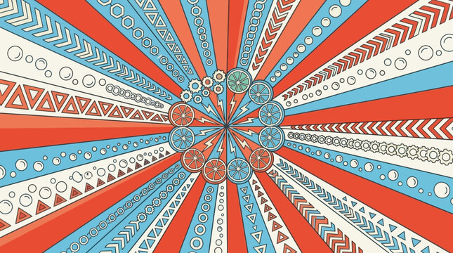 radial pattern abstract design in retro style with geometric shapes citrus fruits and lightning bolts creating a dynamic background.