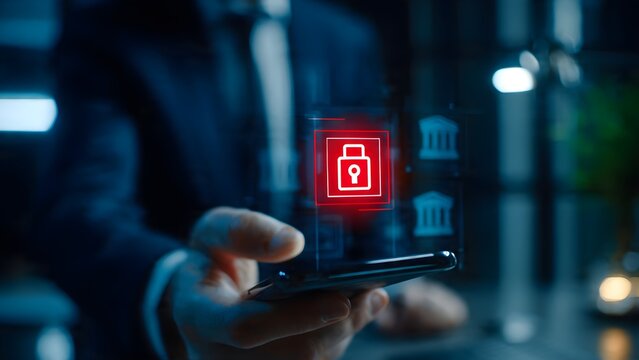 Businessperson holding a digital device displaying a security lock icon and bank symbols representing online financial safety and secure digital transactions in a corporate environment