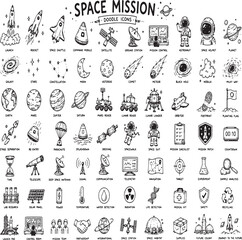 Astronomy Space Mission Doodle Collection Hand Drawn Cosmic Exploration Icons © SAIF