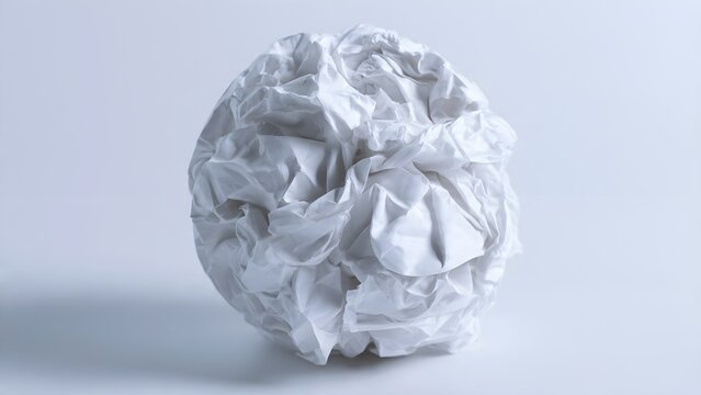 A crumpled ball of paper rests on a light gray surface showcasing texture and form with soft lighting and shadows representing ideas brainstorming or discarded concepts