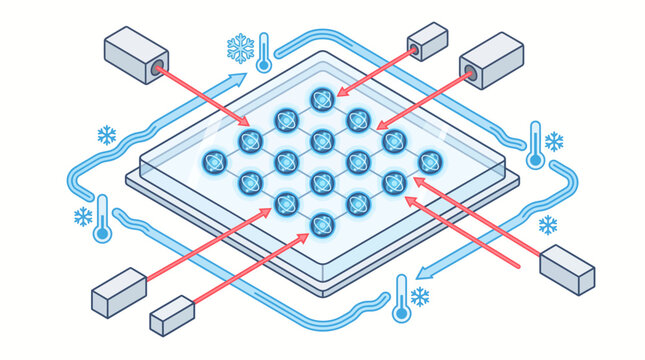 Quantum processor chip diagram illustrates cryogenically cooled qubit arrays interacting with laser pulses.