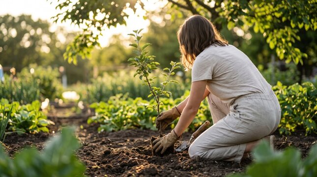 Woman planting young tree sapling in fertile soil of organic vegetable garden during golden hour sunset, sustainable agriculture and gardening lifestyle