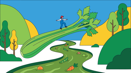 Whimsical illustration depicting a farmer balancing on a giant celery stalk bridging a river of fresh vegetables ideal for healthy eating and sustainable agriculture concepts © Munaza