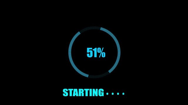 Circular digital progress bar showing one hundred percent completion with starting text on a dark black background user interface
