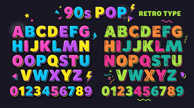 Vibrant Retro 90s Style Vector Typography Set Featuring Cool Neon Effect Colorful Gradient Alphabet Font Lettering Design Elements for Nostalgic Graphic Illustration