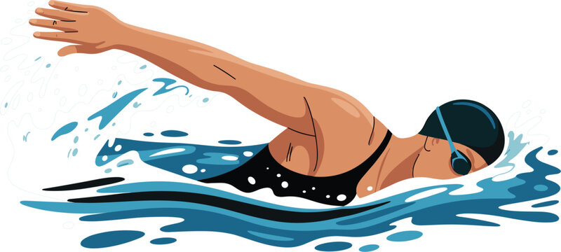 Female swimmer training front crawl stroke vector illustration, woman swimming in pool on white background