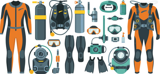 Scuba diving equipment flat vector illustration set, underwater gear icons collection isolated on white background © Sanjina