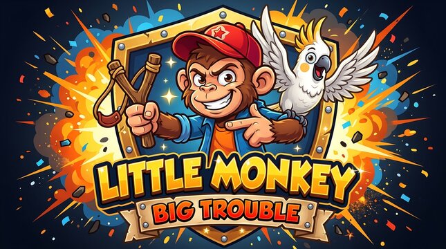 Little monkey big trouble game logo with a mischievous monkey, a parrot, and a slingshot on an exploding shield.