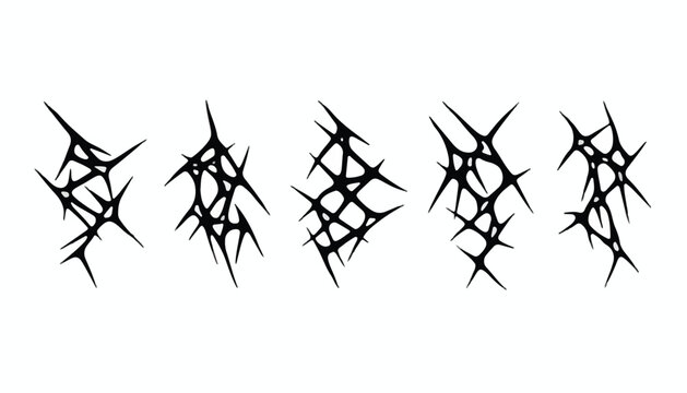 Set of Cyber Sigilism Vector Elements and Gothic Thorn Shapes Isolated on White Background