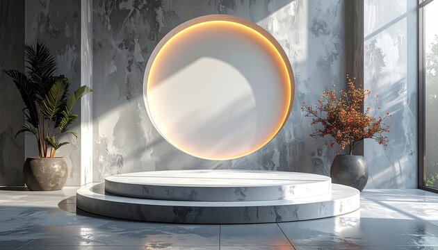 A bright orb hovers above a marble pedestal in a sunlit modern interior, flanked by plants