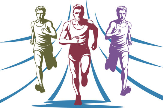 Three marathon runners racing forward vector illustration, male athletes sprinting together on running track