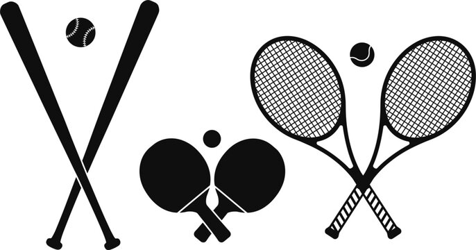 Crossed sports equipment silhouettes vector illustration set, baseball tennis ping pong icons on white background