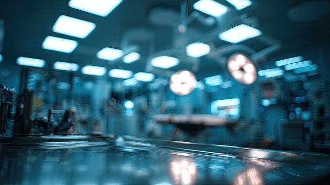 Blurred sterile medical room with surgical lights illuminating equipment