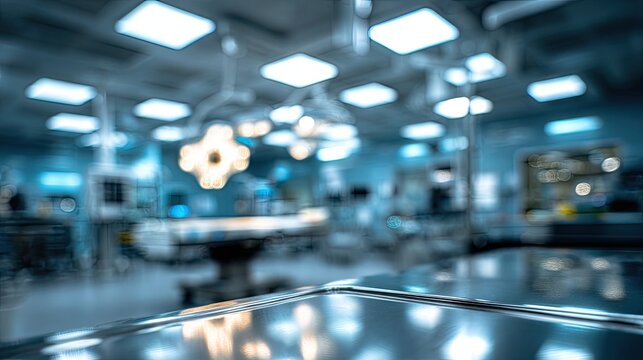 Blurred view of a modern operating room with surgical lights and equipment