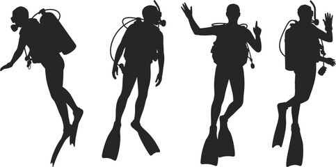 Scuba diver silhouette vector collection set, four underwater divers swimming together isolated on white background © Sanjina