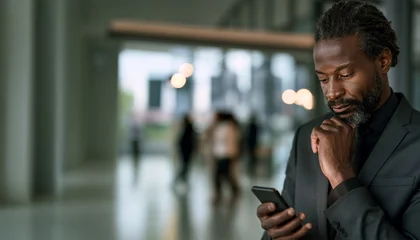 Thoughtful Black businessman looking at his smartphone, reflecting on an important decision in a modern professional setting © annebel146