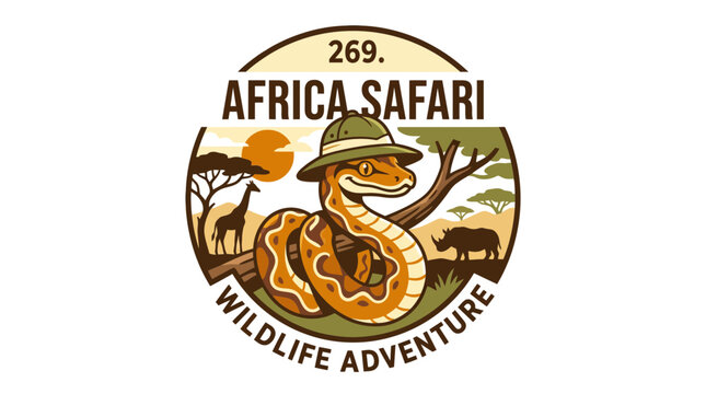 Africa safari logo with snake wearing explorer hat.