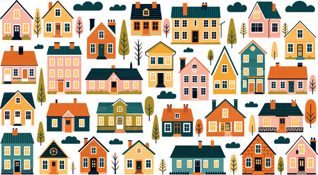 Tiny houses mega set with cute colorful suburban buildings cottages and trees flat vector illustration isolated