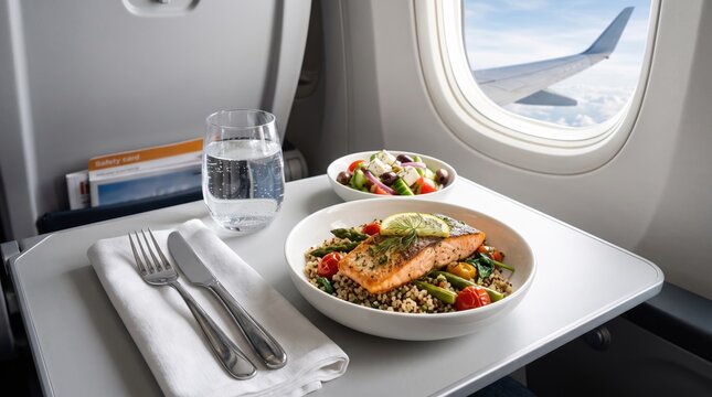 Airplane Meal with Salmon and Salad on a Tray by the Window