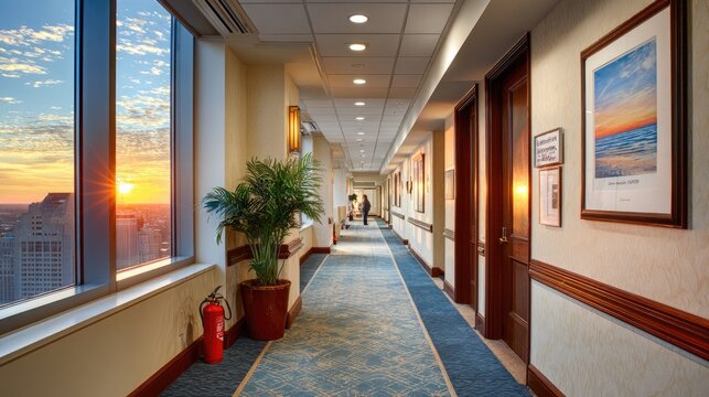 Expansive hallway with sunset views and framed art